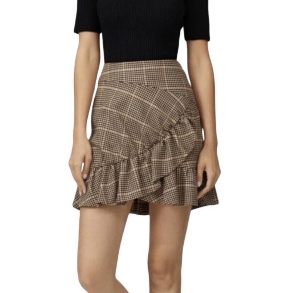 Joie Anesse Ruffled Skirt Birch Brown Gingham Plaid Lined Fall Skirt Sz 12